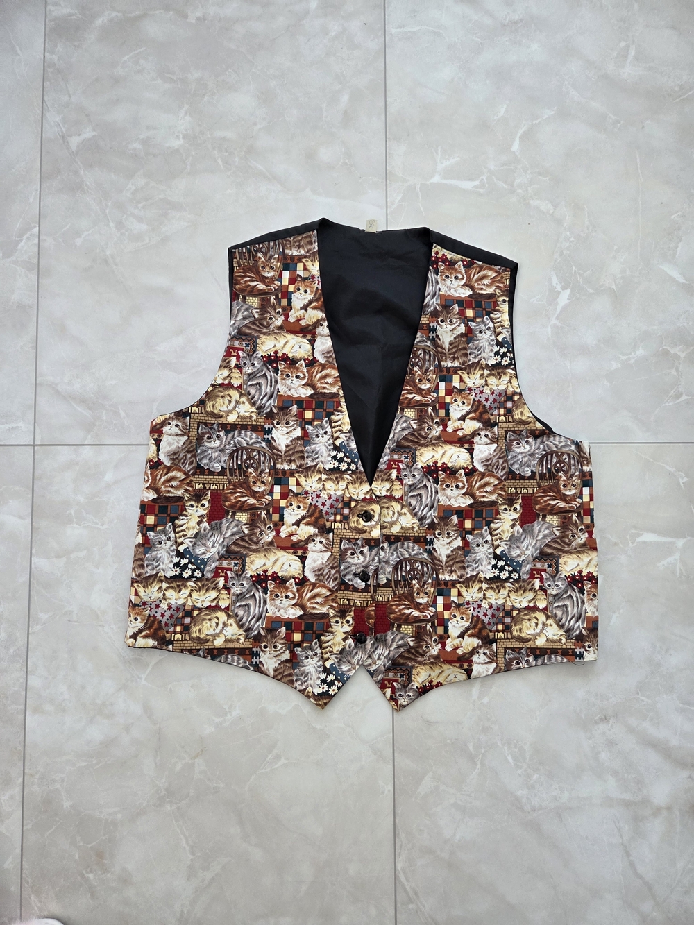 Cat Patchwork Print Vest in Brown and Cream